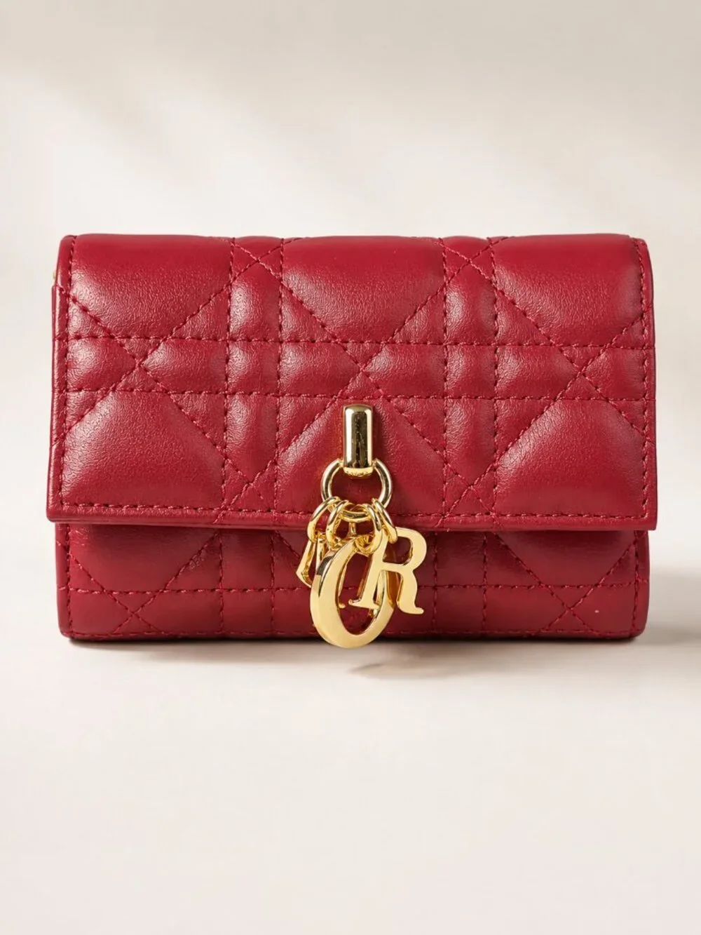 Christian Dior Lady Dior Cannage Quilted Red Leather Wallet w/ Gold Charms - New